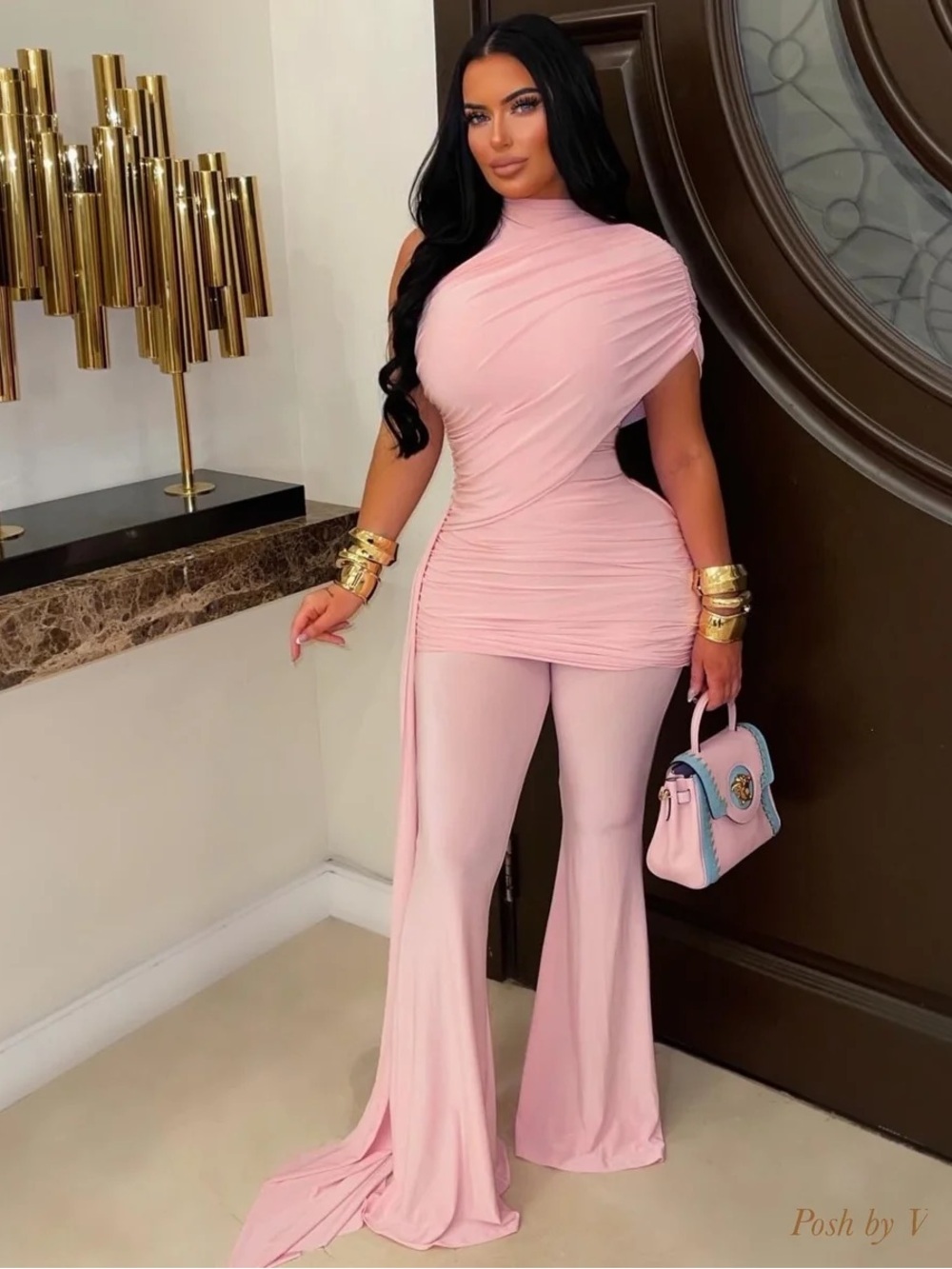 Pink One-Shoulder Draped Jumpsuit with Flared Pants